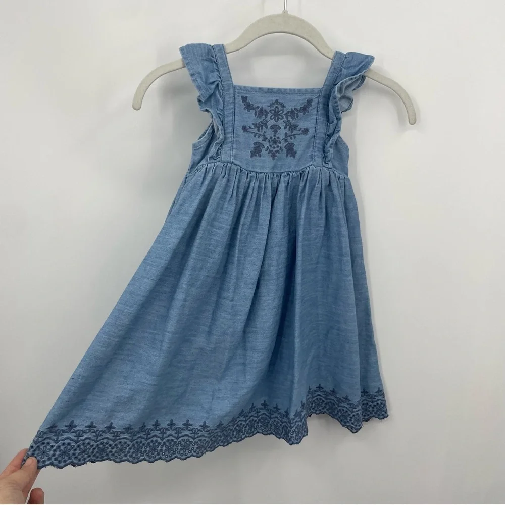 Old Navy Chambray Embroidered Ruffle-Trim Swing Dress Sz 5T‎ blue